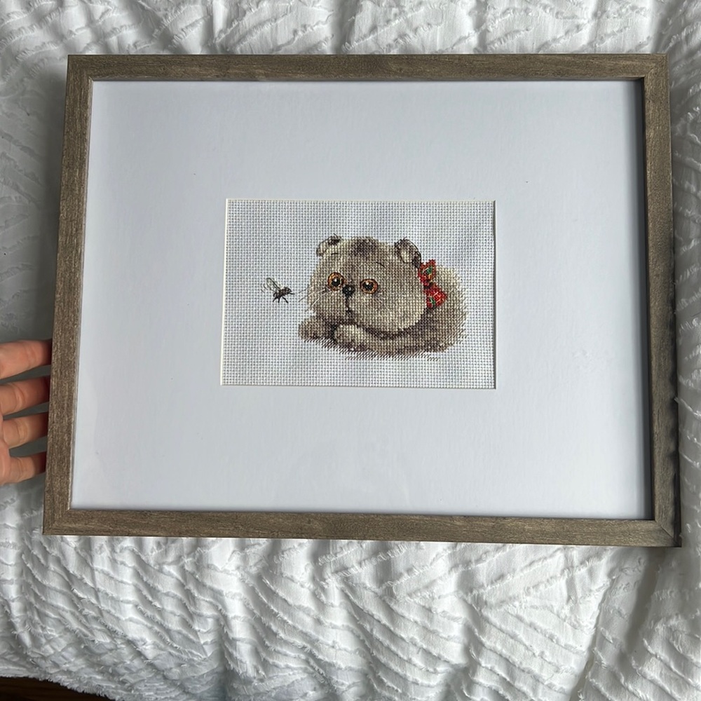 Cross stitch kat, wall art, handmade